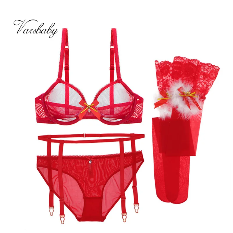 

Varsbaby new sexy christmas big red see-through underwear set 4pcs bras+panties+garters+stockings