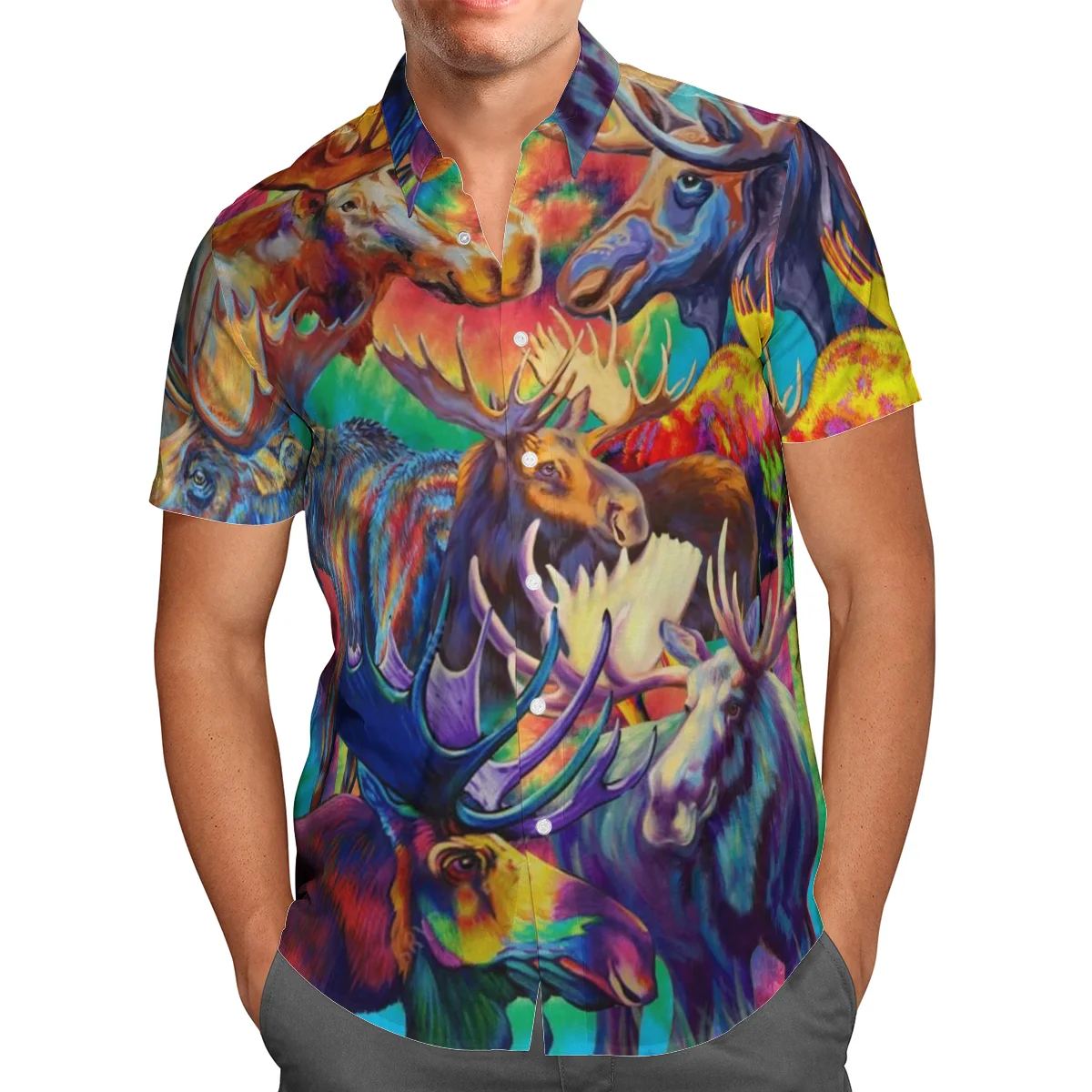 

Beach Hawaiian Leisure Multicolor Oil Painting Deer Hunting Hawaii 3D Print Fashion Summer Streetwear Short Sleeve Shirt Clothe