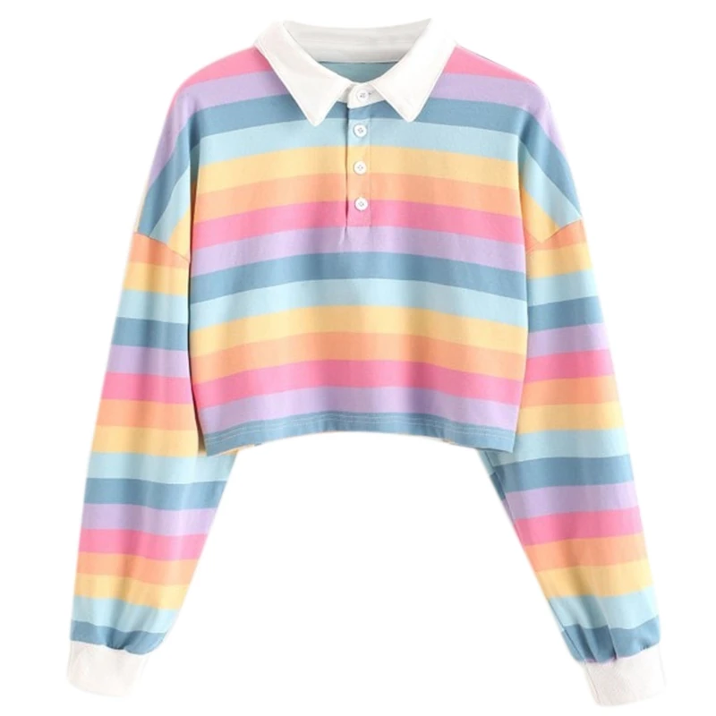 

Women Long Sleeve Cropped Sweatshirt Rainbow Stripes Lapel Buttons Loose Tops X3UE