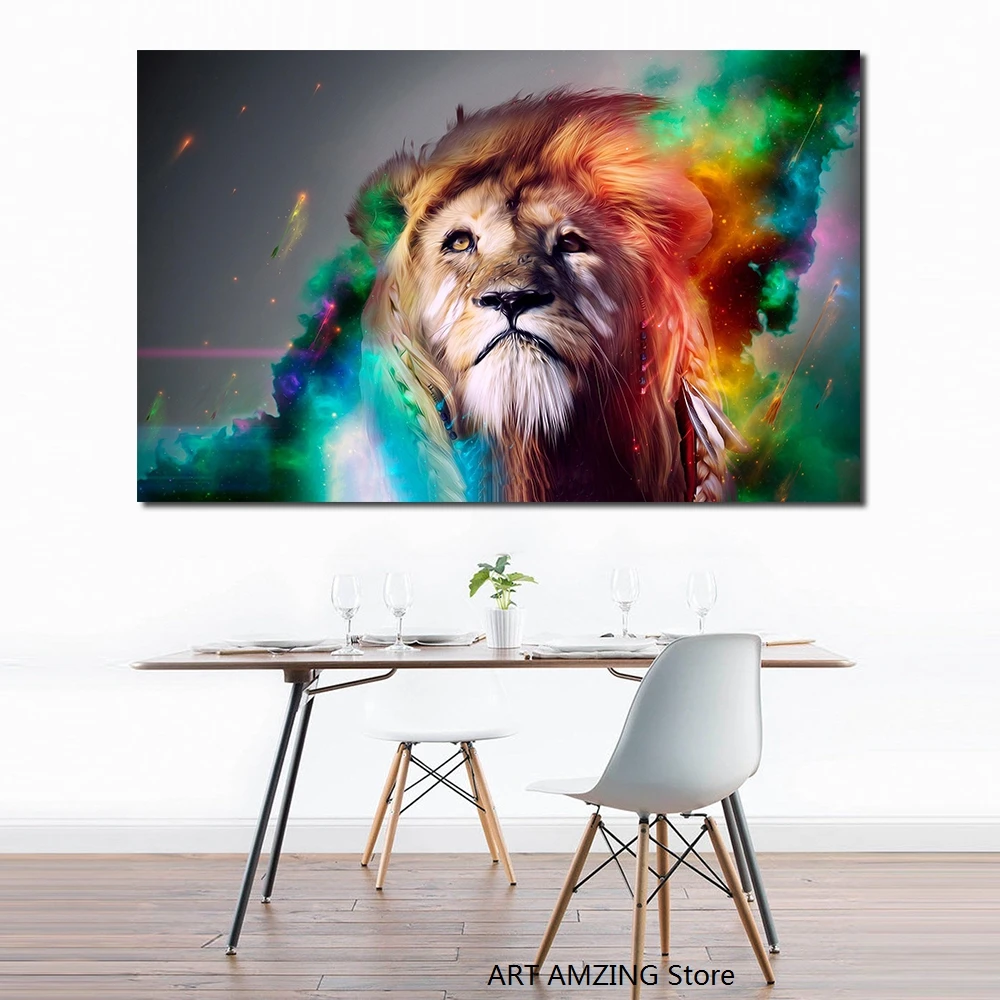 Животные Картина на холсте настенное искусство постер с цветным львом для