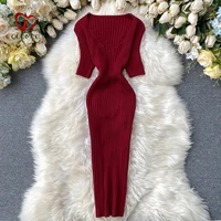 womens dress summer 2021 new european and american ins sexy v neck solid color knitted sunken stripe skinny hip skirt
