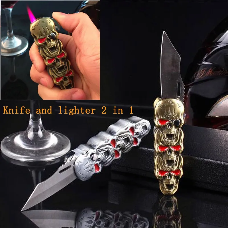 

New 2 In 1 Skull-shaped Gas Lighter Knife Multifunctional Metal Windproof Lighter Red Flame Cigar Smoking Set Outdoor Gadget