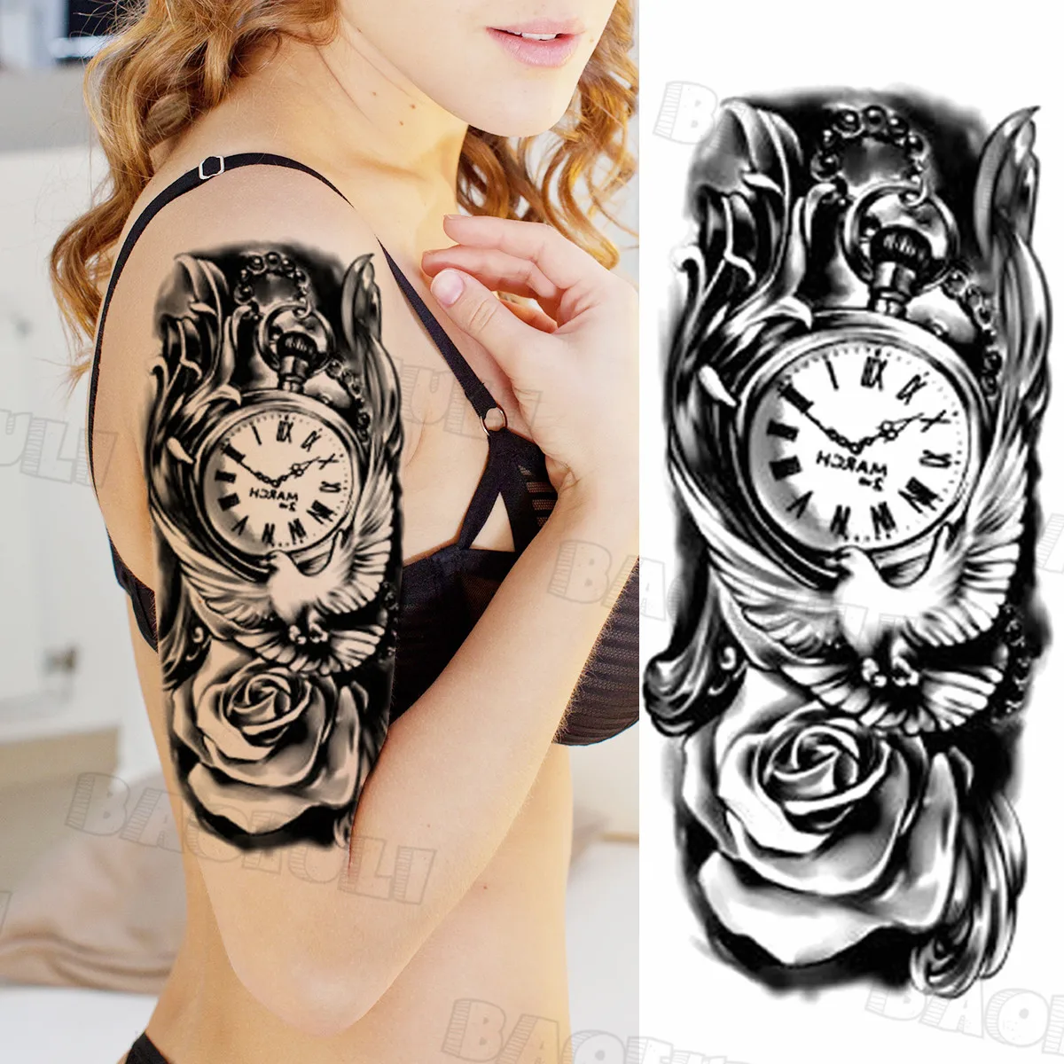 Часы розовые голубь Временные татуировки для женщин взрослые Лев змея корона