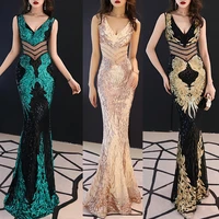 sexy v neck waist cut out formal evening dresses sleeveless v back mermaid party dress shinng sequins embroider robe de soriee