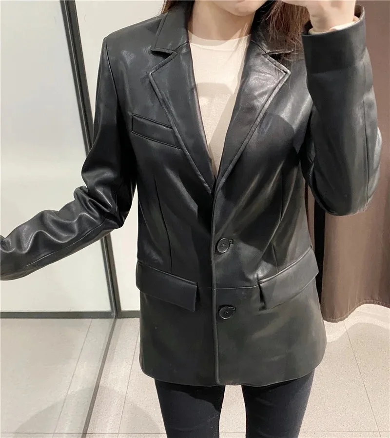 Women Vintage PU Faux Leather Pocket Blazer Coat Fashion Notched Collar Long Sleeve Female Slim Jacket Outerwear Chic Tops enlarge