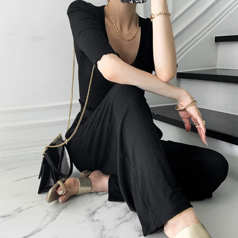 

Korean Chic O Neck Skinny Short Sleeve Women T-shirt + High-waist Lace-up Wide-leg Pants Trousers Women Casual Two Piece Sets