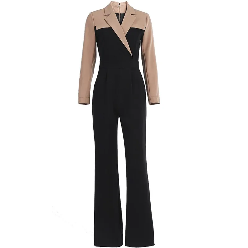 

Spring New Office Lady Mixed Color Rompers Lapel High Waist Wide Leg Overalls Women Business Elegant Long-Sleeve Long Jumpsuit