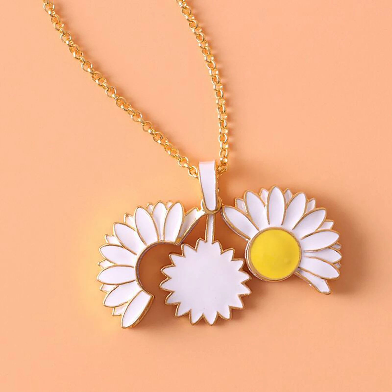 1 PC Necklace Gold Plated White & Yellow Sunflower Enamel 60cm(23 5/8) long