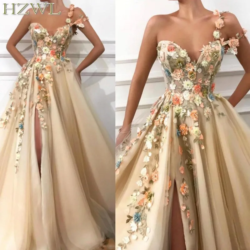 

2020 Gold One Shoulder Arabic Long Prom Dresses 3D Floral Lace Applique Beaded Split Floor Length Formal Party Evening Gowns