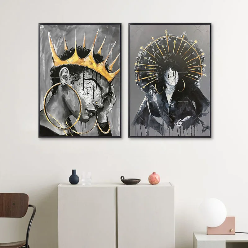 

Black African Nude Woman Oil Painting Golden Crown Girl Wall Art Canvas Poster Scandinavian Cuadros for Living Room Home Decor