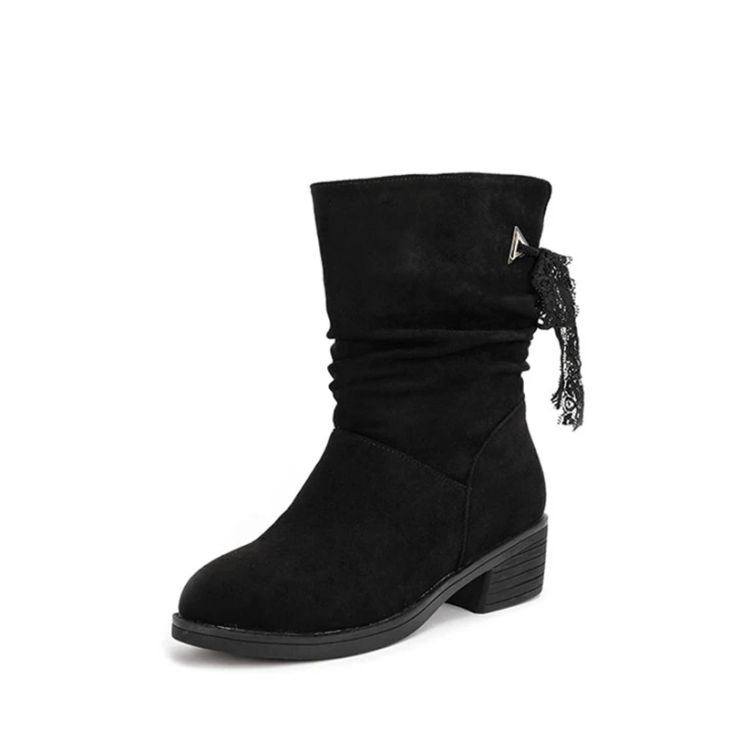 

ANNYMOLI Woman Boots Med Heel Ankle Boots Block Heel Short Boots Lace Up Round Toe Ladies Shoes Fur Autumn Winter Black Size 40