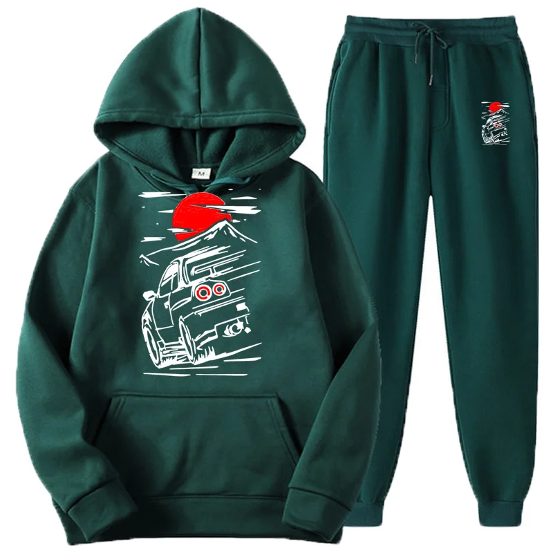 Solid Color Men Set Casual Men's Autumn Winter Fleece Japanese JDM Hoodies + Pants Two-Piece Tracksuit Trendy Sportswear | Мужская