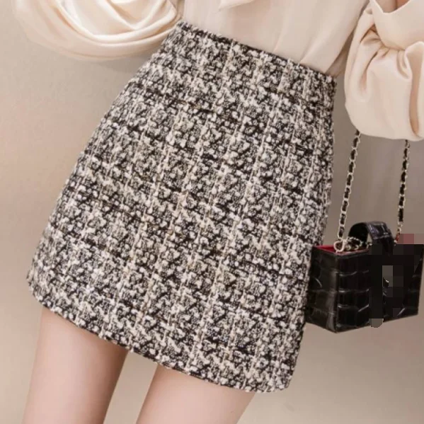 Женская твидовая юбка черная элегантная клетчатая короткая трапециевидная