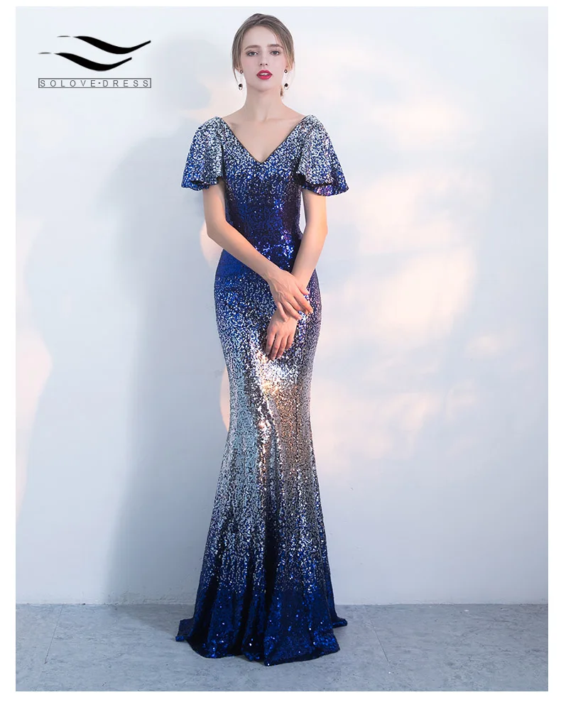 

SOLOVEDRESS, вечернее платье с блестками градиентного цвета, Русалка, длина до пола, с короткими рукавами и оборками, модное Макси-платье, E0712