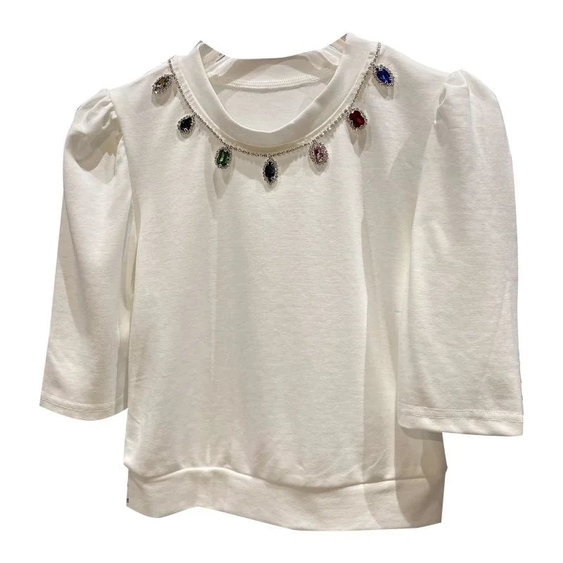 

Neckline Color Granule Water Drill Crop Tops Women 2021 Summer New Bubble Short Sleeve Short T-shirt