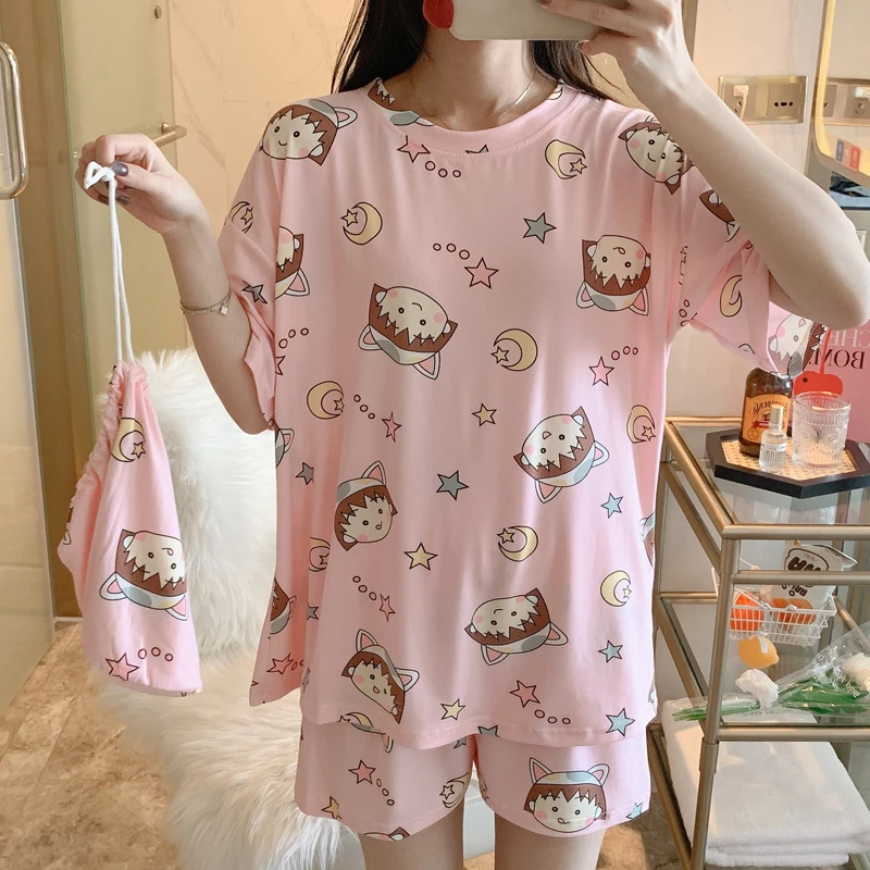 Пижама WAVMIT из полиэстера с коротким рукавом Милая женская одежда для сна отдыха 3