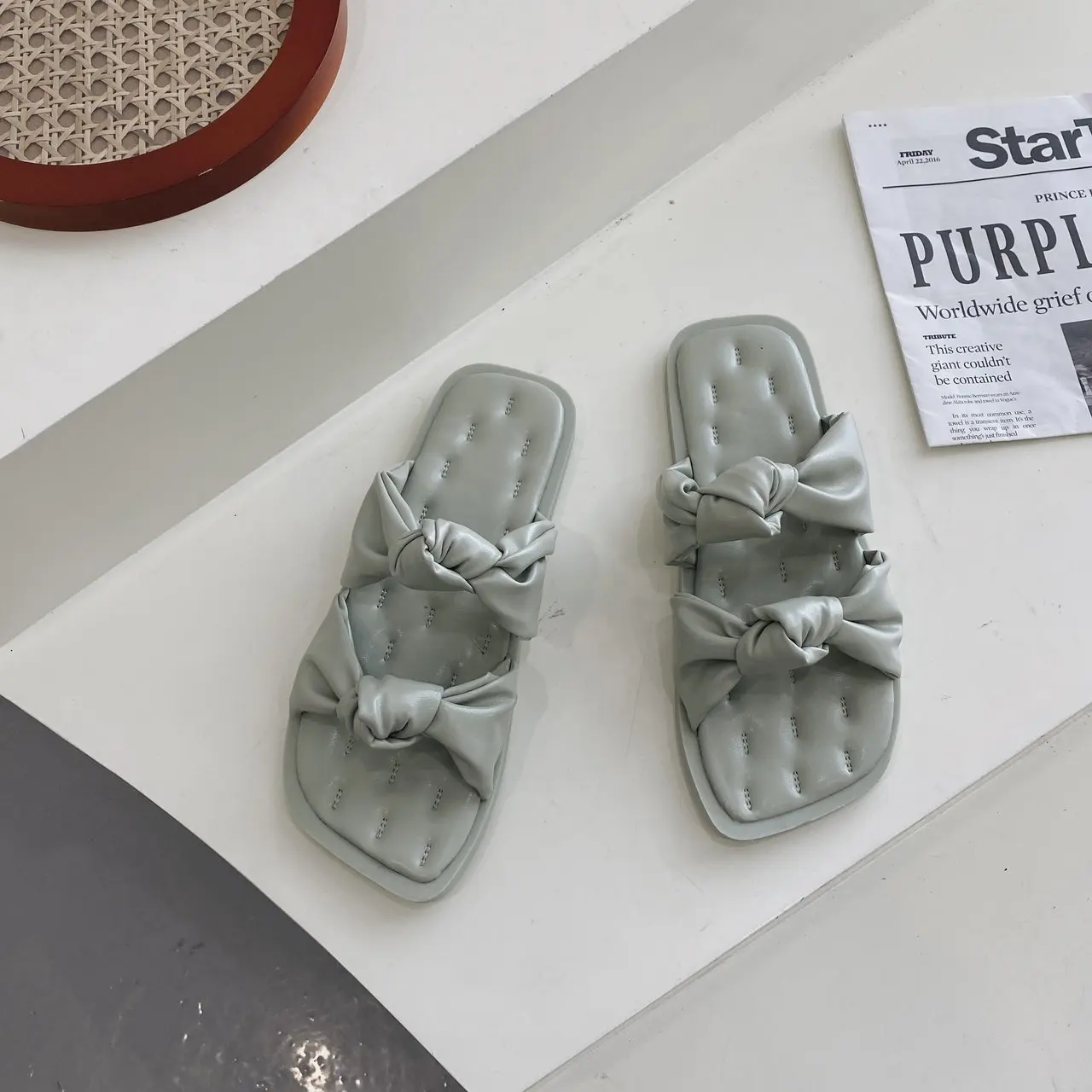 

Slippers Casual Shoes Low Slides Butterfly-Knot Luxury Flat Soft Rome Fabric PU Rubber Butterfly-knot Fashion Basic Hoof Heels