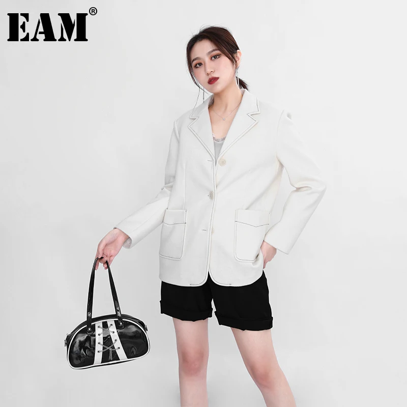 

[EAM] Women Topstitched Big Size White Blazer New Lapel Long Sleeve Loose Fit Jacket Fashion Tide Spring Autumn 2021 1DE333700
