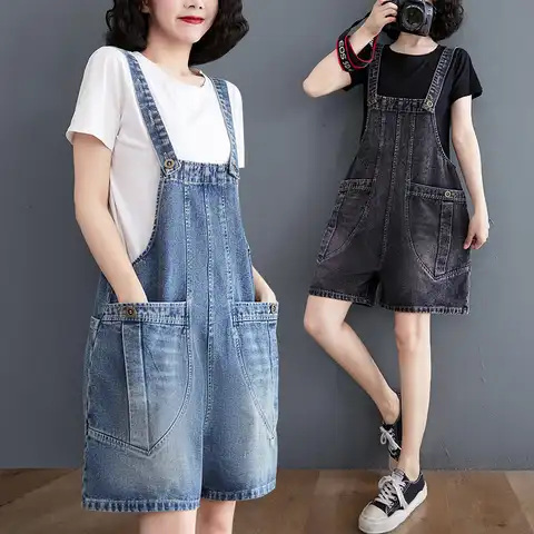 Women's Jeans Denim Bib Shorts Female 2023 New Summer  Korean Student Suspenders Jumpsuit Loose Wide-Leg Cowboy Pants Rompers