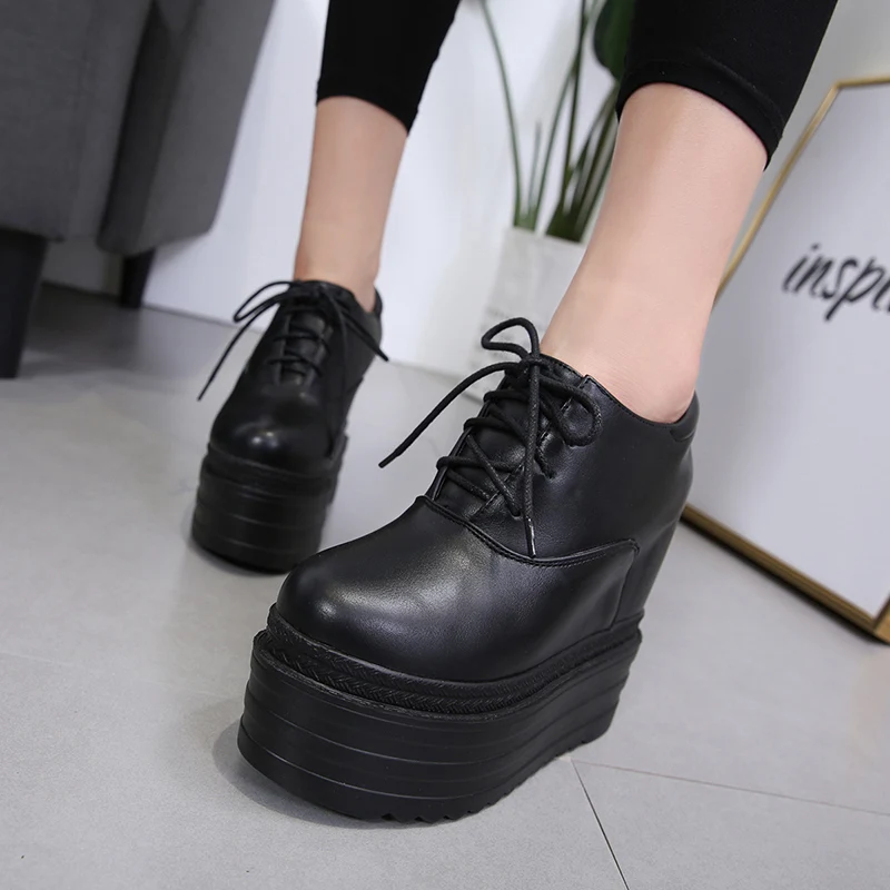 

Genuine Leather Martin Boots Ankle Strap For Women Sexy Round Toe Wedge Platform High Heels Solid Color Women Shoes 2021 Lace Up