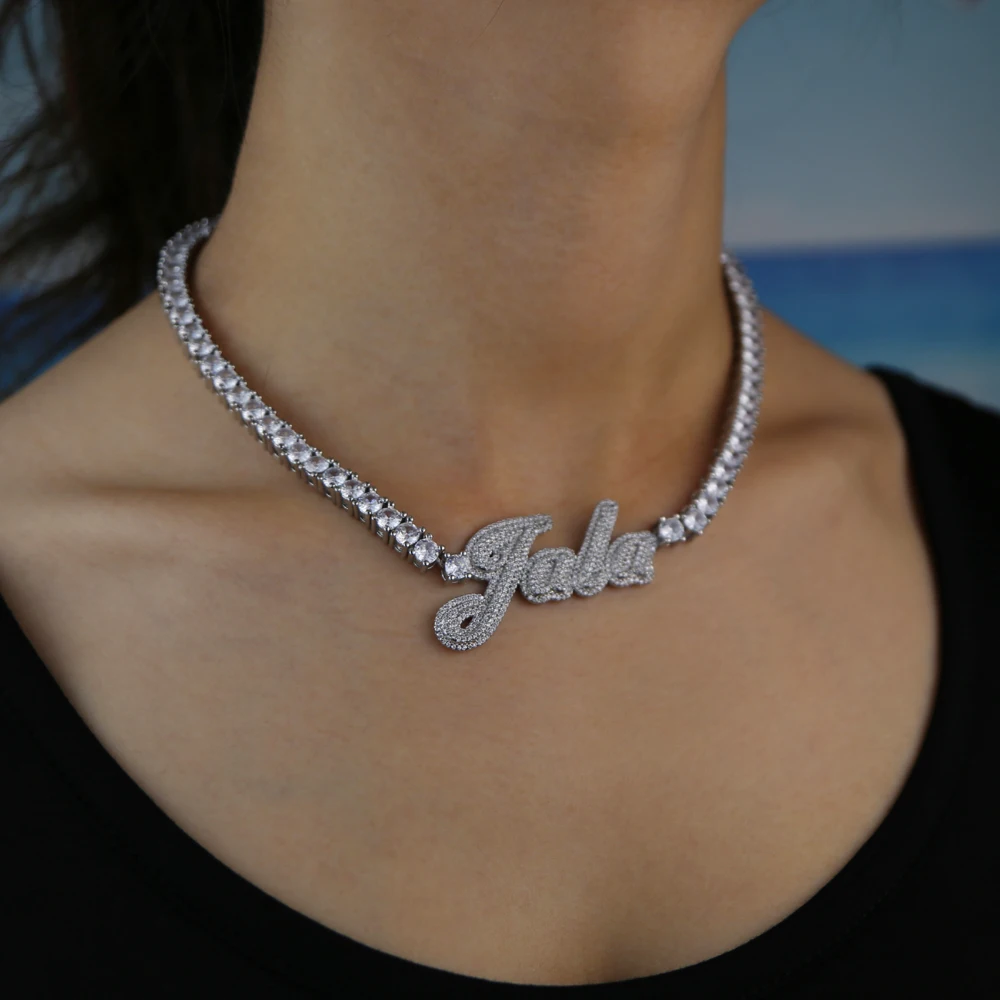 

Custom Letters Pendant Necklace Ice Women Jewelry Hip Hop Name Plate Gold Silver Charm Tennis Chains Customized Gift