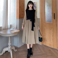 spliced hit color fake two women dress 2022 belt tunics korean fashion long skirt office elegant sweet outfit festival clothing