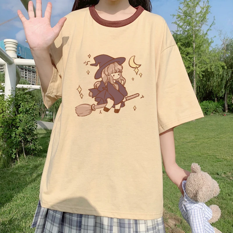 

Japan Style Sweet Loose T-shirts Women New Summer Casual O Neck Splice Short Sleeve Cartoon Printed Harajuku Tees for Student