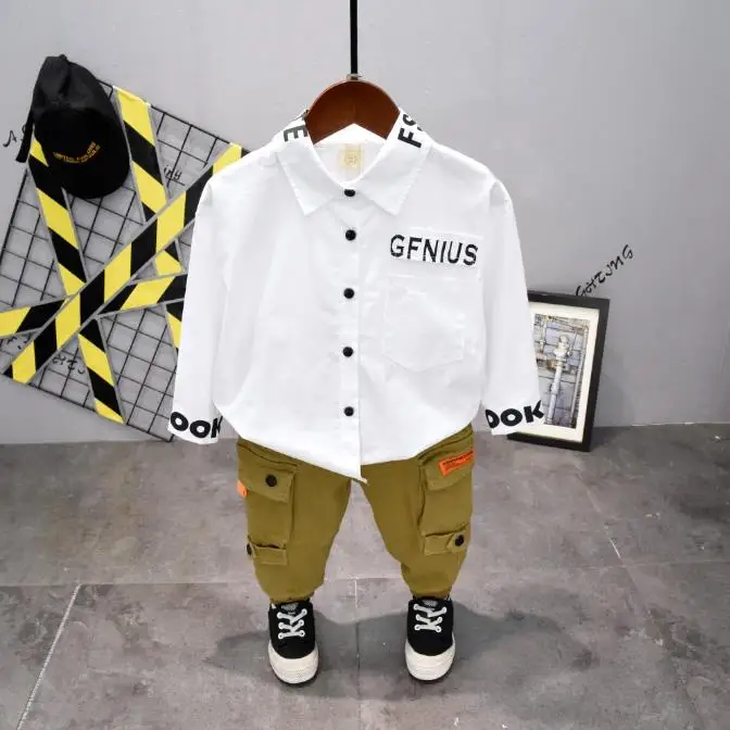 

Одежда для маленьких мальчиков и девочек; Сезон весна-осень; Детская хлопковая спортивная рубашка + Брюки-карго 2 шт./компл. модная одежда для малышей, одежда для мальчиков Детский спортивный костюм