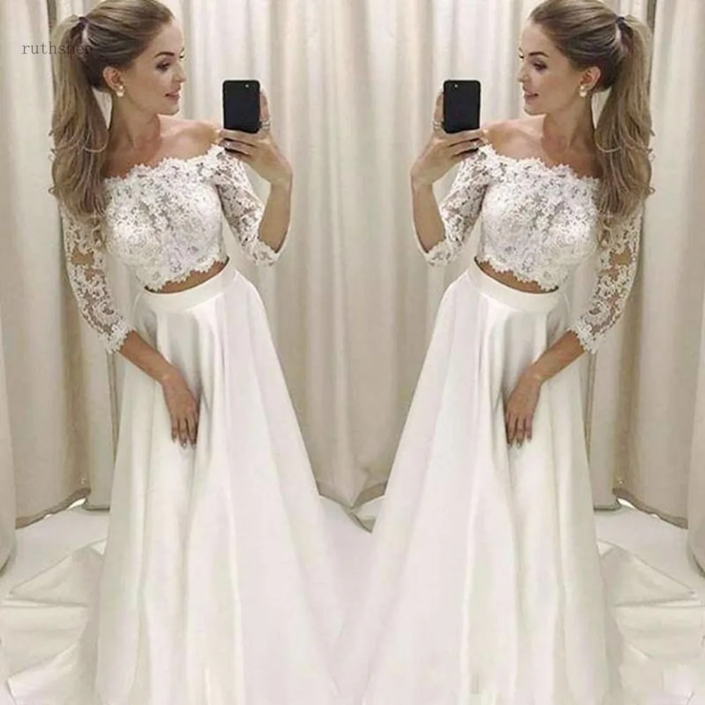 

Из двух частей свадебное платье es с 3/4 с длинным рукавом с открытыми плечами пляжное свадебное платье трапециевидной формы-жакетка кружевна...