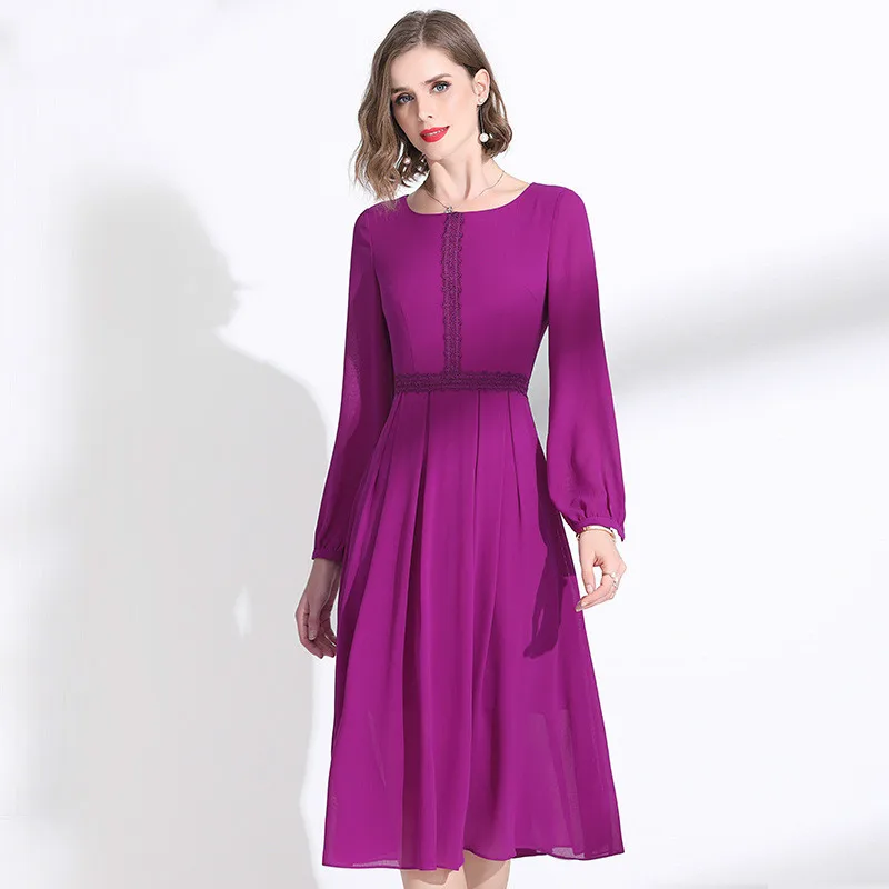 

New Dress Women 2022 Spring Classy Purple Chiffon Round Neck Long Sleeves Lace Patchwork Slim A-Line Dress Over The Knees M-XXL