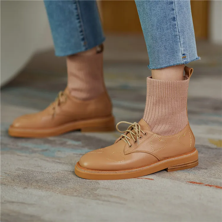

2020 Autumn Real Leather New Style Cowhide Stitching Wool Tube Round-toe Flat Ankle Boots Retro Embroidery Elastic Socks Boots