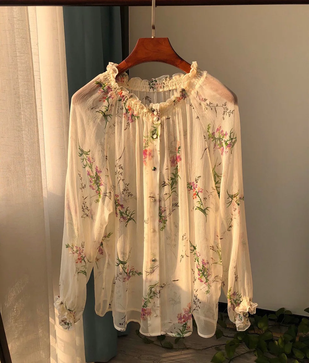 poet shirt High-end Women 100% Silk Floral Printing Long Sleeve Ruffled Blouse Shirt Top long sleeve blouse