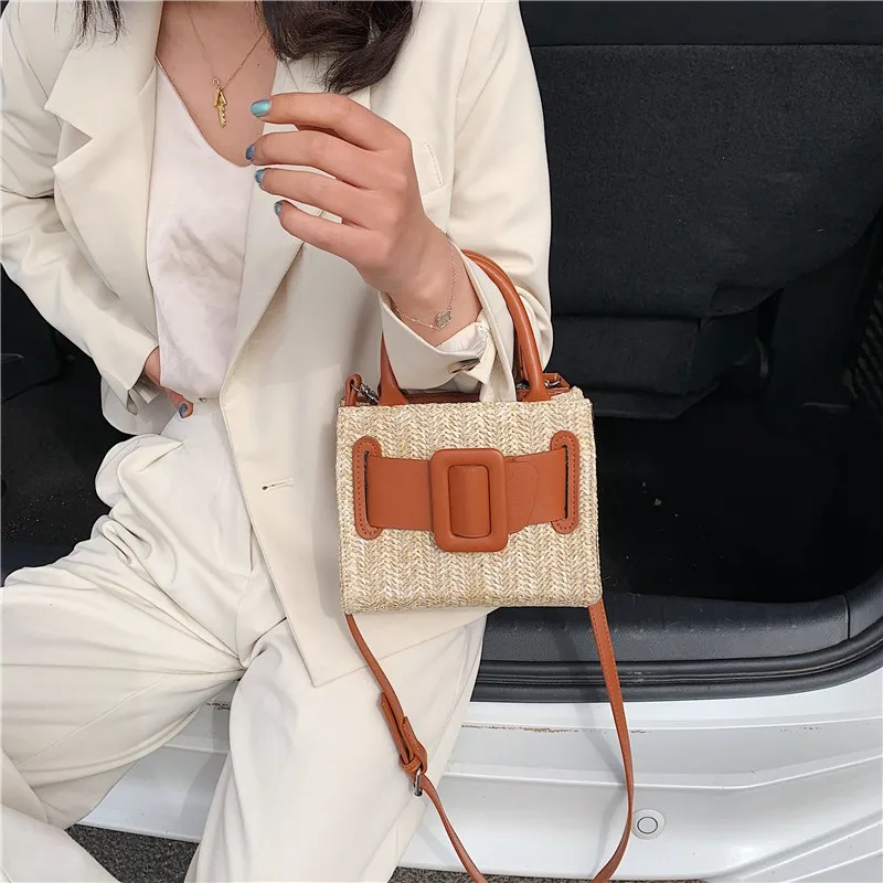 

Rattan Shoulder Bag for Women Small Handmade Straw Bag Woven Beach Square Lock Crossbody Handbag Bohemia Shopping Clutch #40