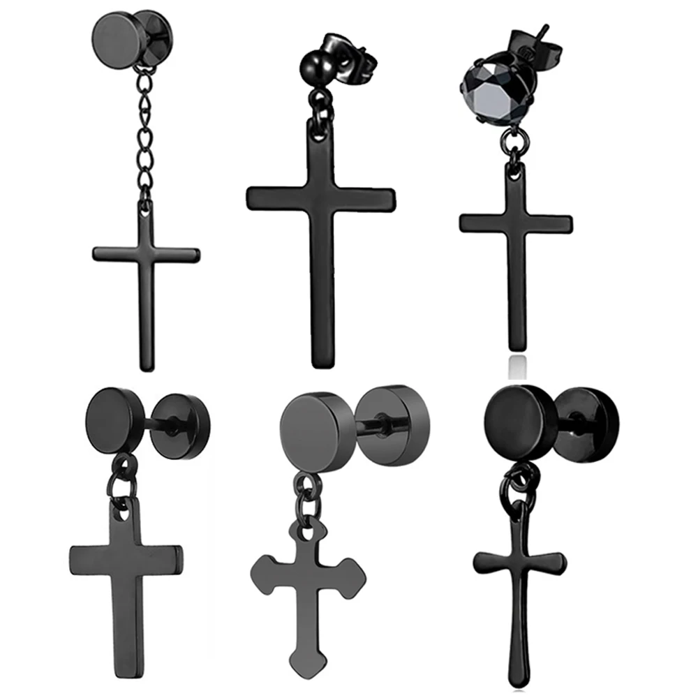 

SexeMara 1 Piece Punk Gothic Stainless Steel Stud Earring Cross Round Fake Ear Taper Dumbbell Fashion Women Men Rock Jewelry