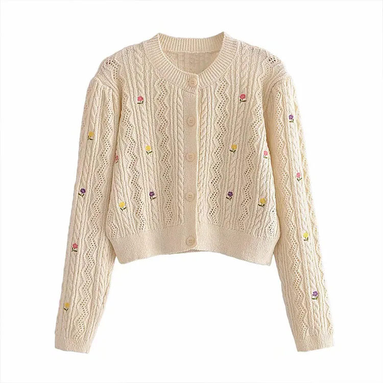 

Summer and autumn new ladies flower embroidery single-breasted round neck cardigan sweater women jacket