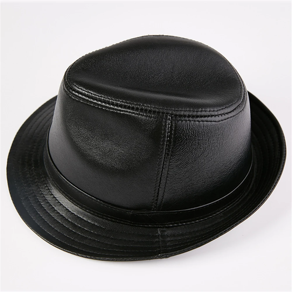 BUTTERMERE Шляпа Fedora натуральная кожа джаз шляпа мужская осень зима овчина британский стиль мужская коричневая черная плоская кепка - Цвет: black