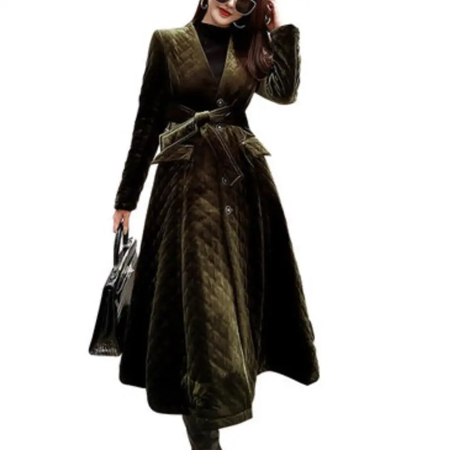 

Новое поступление модное Золотое бархатное пальто с подкладкой Женское зимнее теплое длинное пальто с V-образным вырезом для офиса для женщ...