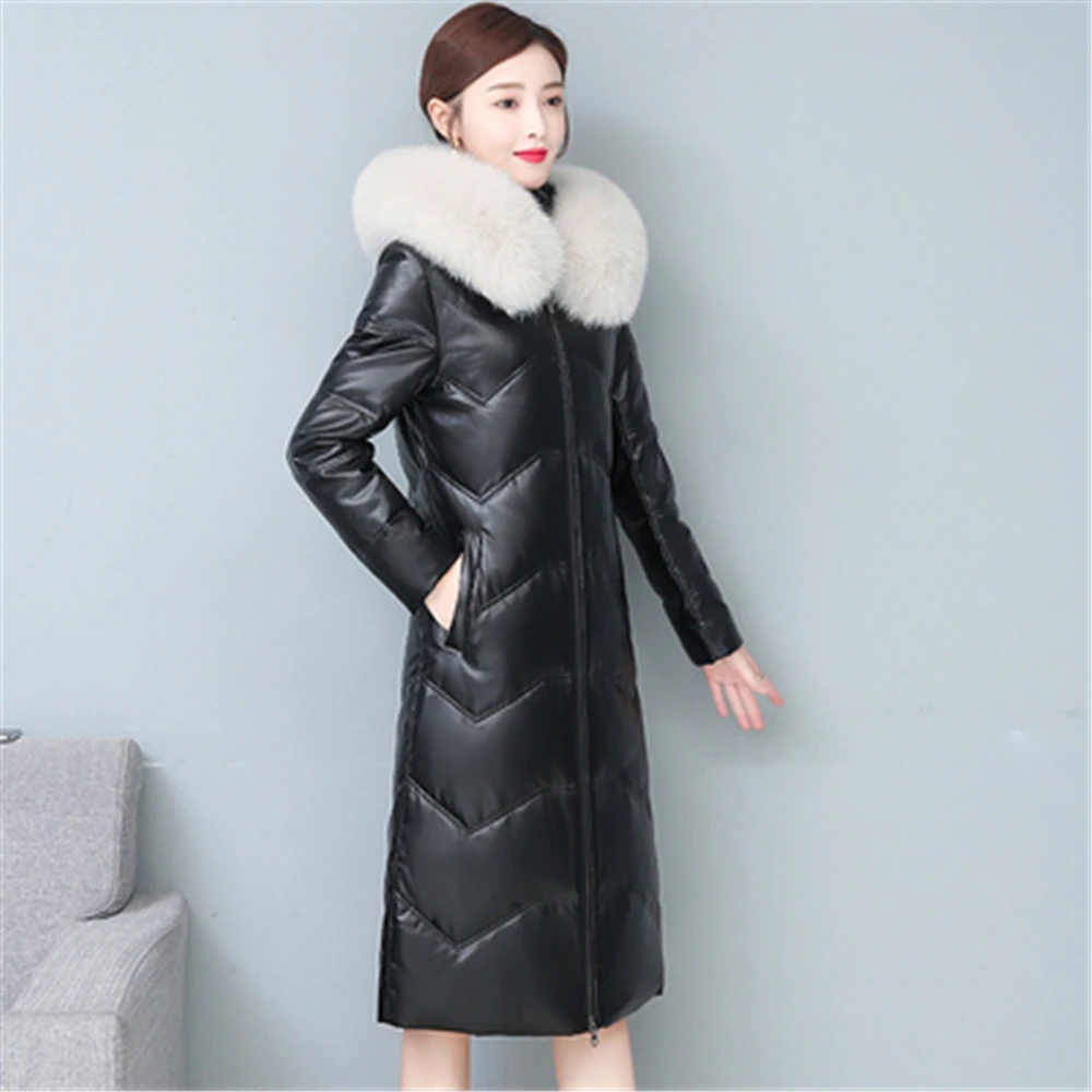 Женская куртка из овечьей кожи Длинная зимняя парка на белом утином пуху с