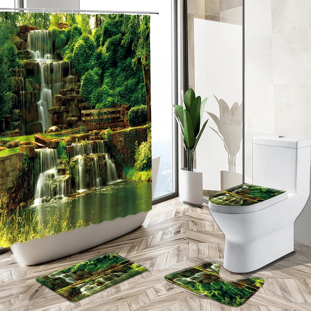 

Waterfall Natural Scenery Shower Curtain Summer Tropical Forest Park Lotus Trees Non-Slip Pedestal Rug Toilet Cover Bathroom Set