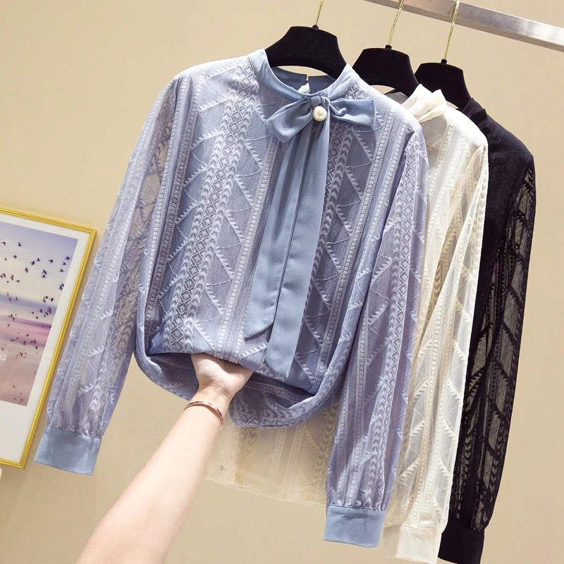 Женская шифоновая кружевная рубашка универсальная Элегантная блузка с длинным