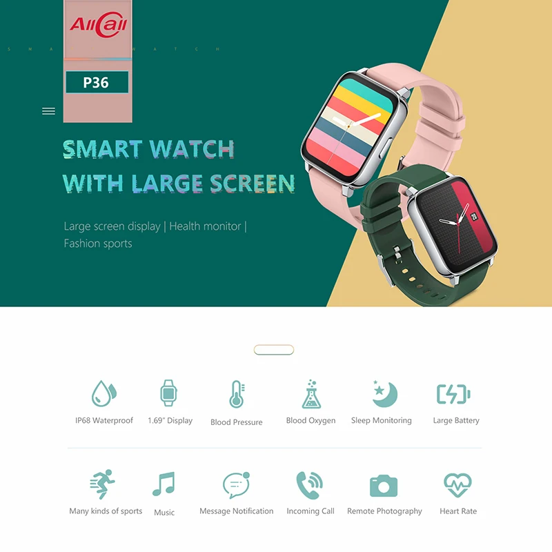 

NEW ALLCALL P36 Smart Watch Bluetooth Sports Fitness Tracker Smart Bracelet Heart Rate Sleep Monitor Calls Messages Reminder