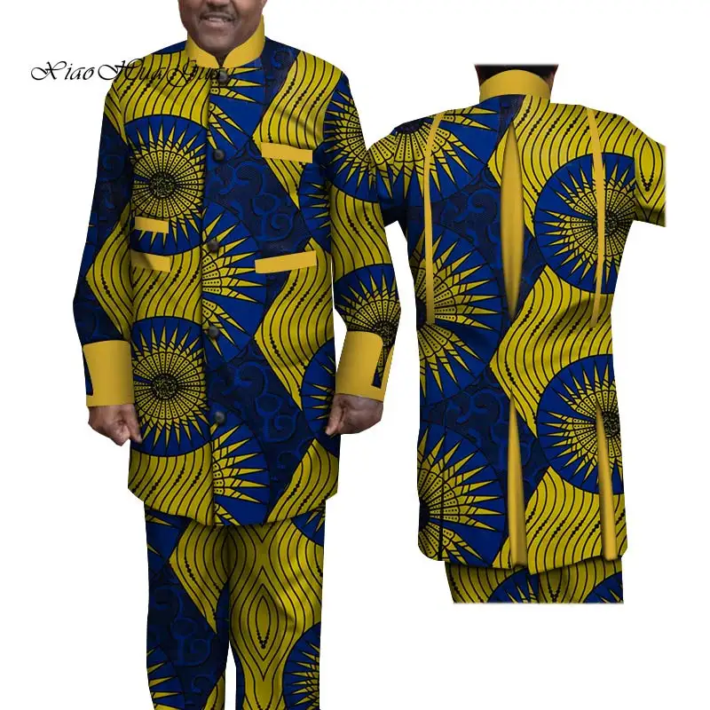 Дашики Мужская африканская одежда однобортный Топ рубашки и брюки наборы Bazin