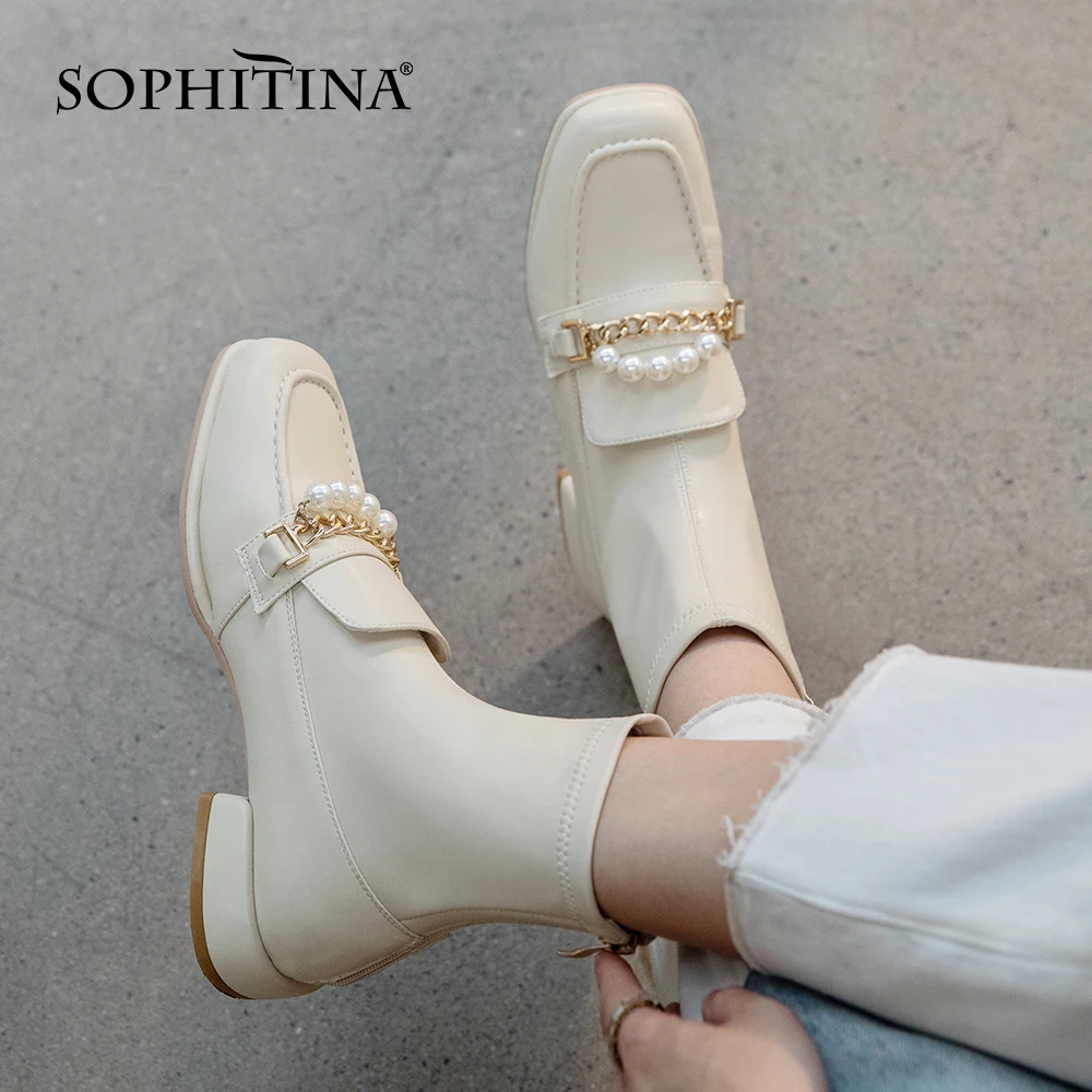 

Женские сапоги SOPHITINA, эластичные ботинки на молнии, квадратный носок, Украшенные бусинами и цепочками, большие размеры, HO374