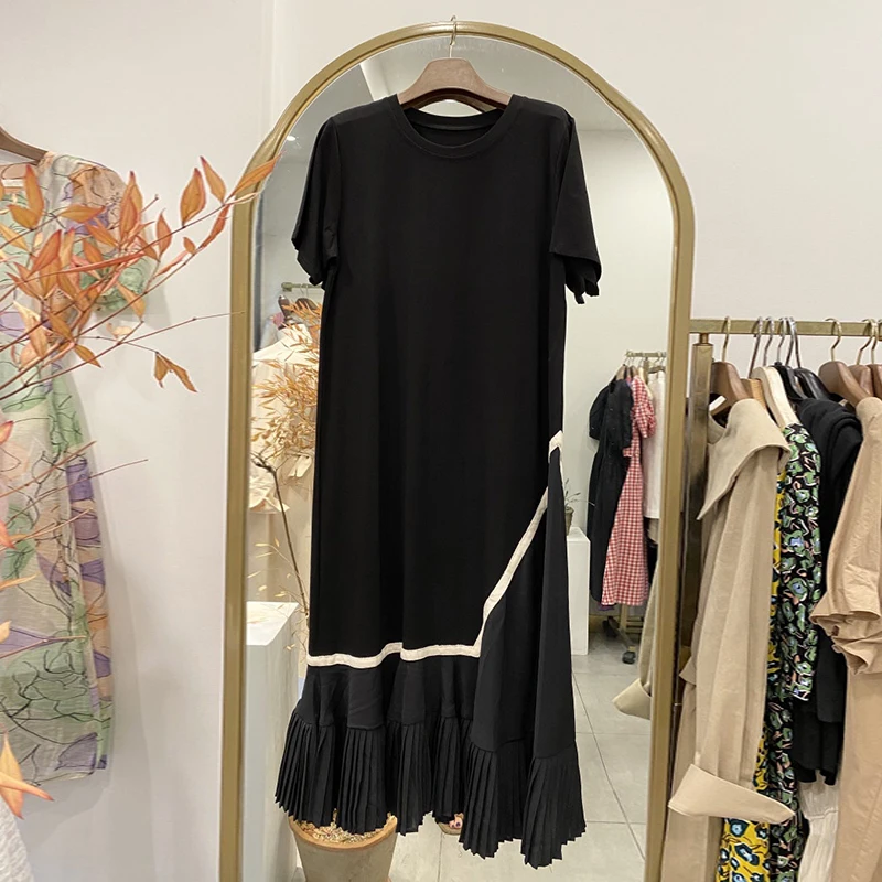 

ZAWAHIKI Korean Vintage Women's Dress Summer 2021 O Neck Short Sleeve Contrast Color Patchwork Pleated Dress Loose Long Dress
