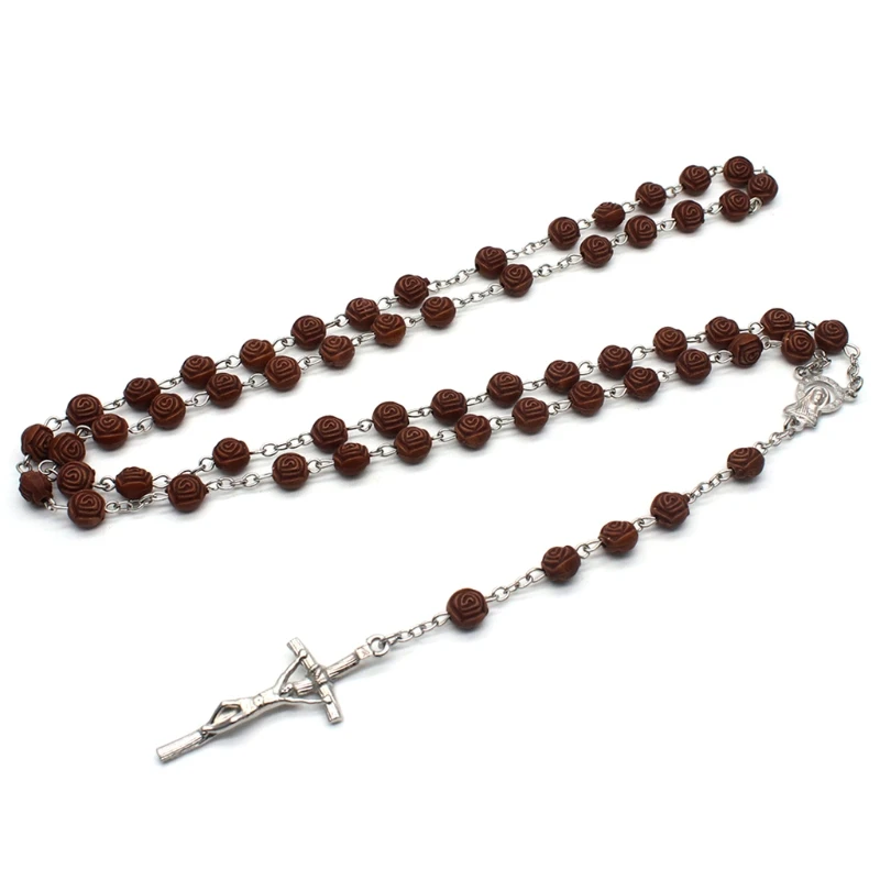 

Rosary Catholic Necklace for Women Rose Flower Beads Cross Pendant Christian Religious Jesus Necklaces Jewelry Charm