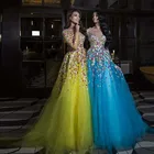 Женское вечернее платье, Тюлевое платье до пола, с глубоким V-образным вырезом, рукавами 2021, цветочной аппликацией, для выпускного вечера, Длинные бальные платья