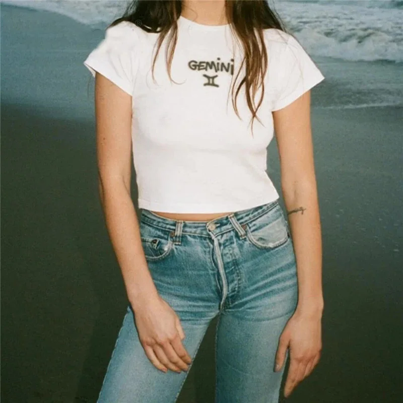 Тонкая рубашка в стиле Харадзюку с изображением двенадцати созвездий рубчик Y2K