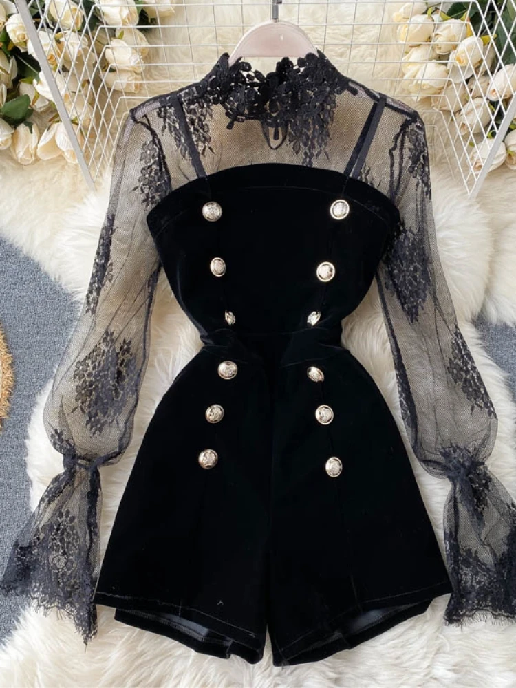 

2 piece sets womens outfits 2020 autumn Korean clothes autumn lace sexy see-through blouses mesh top and wide-leg jumpsuit