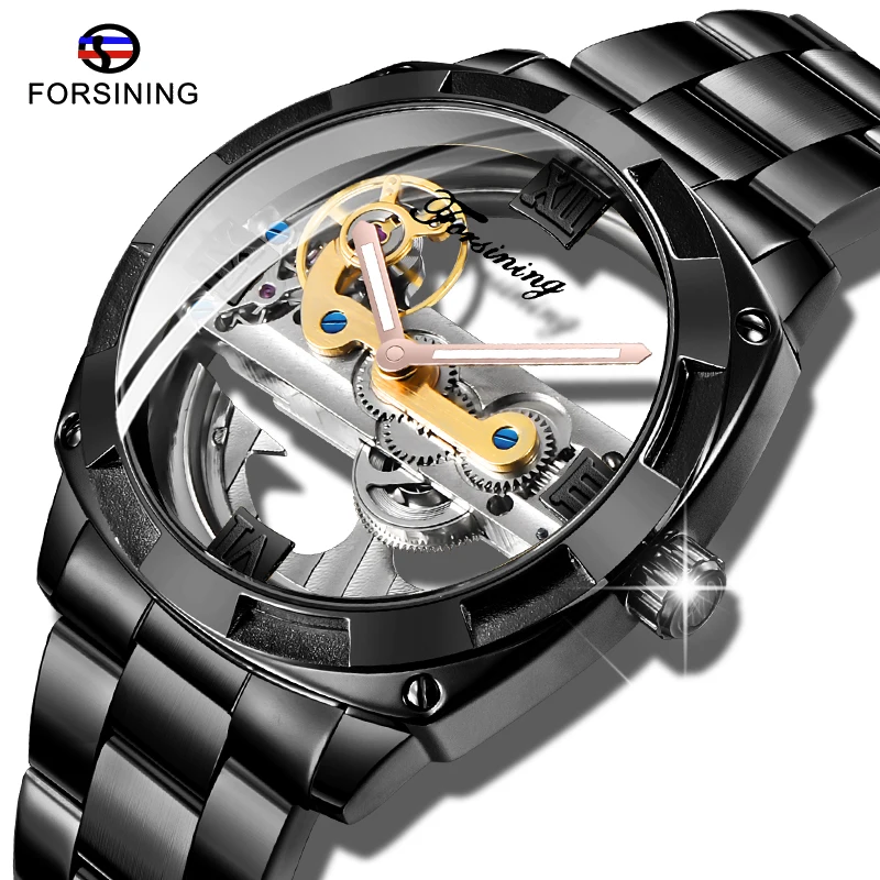 Новый FORSINING двусторонний прозрачный турбийон черный Чехол Мужские механические