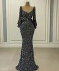 Женское вечернее платье с юбкой годе, черное платье с блестками и V-образным вырезом, с расклешенными рукавами, элегантное платье для выпускного вечера, 2022